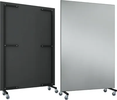 Two rolling screens, one black and one mirrored, are shown side-by-side against a white background.