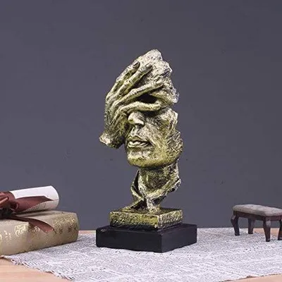 Productafbeelding van Unyqoos® Denkbeeld – abstracte gezichts- en handfiguur van polyresin, goud, 13x12x33 cm, 1 stuk, decoratie voor woonkamer en kantoor