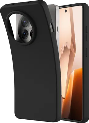 A black phone case is shown from the side, with a smartphone partially inserted into it. The smartphone's screen is visible, displaying a light-colored abstract image.