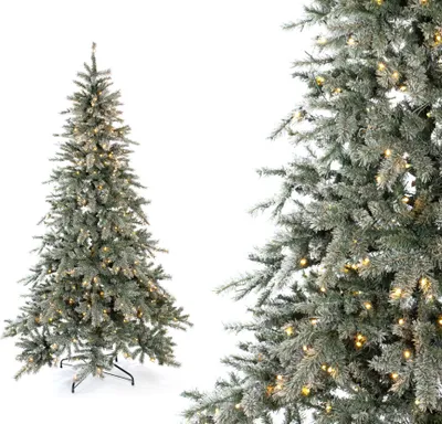 A full shot of an artificial Christmas tree with lights and snow, and a close-up of the tree branches.