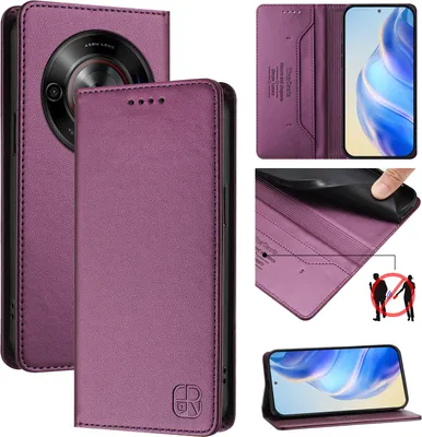 Collage of images showing a purple leather flip wallet case for a smartphone, with close-ups of its features and a phone inside.