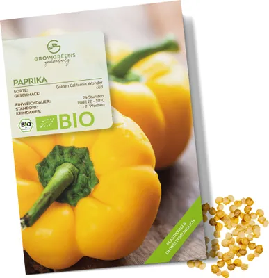 Produktbild von Paprika Samen (Golden California Wonder, 10 Korn) - Gelbe Paprika Saatgut aus biologischem Anbau ideal für die Anzucht im Garten, Balkon oder Terrasse