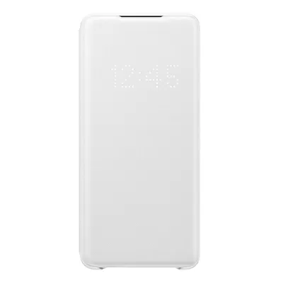 A white phone case with a digital display showing the time.