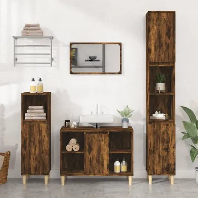 Immagine prodotto di Mobiletto sotto lavabo - Mobile da bagno - Contenitore per il bagno - Con gambe in legno - 80x33x60 cm - Rovere affumicato