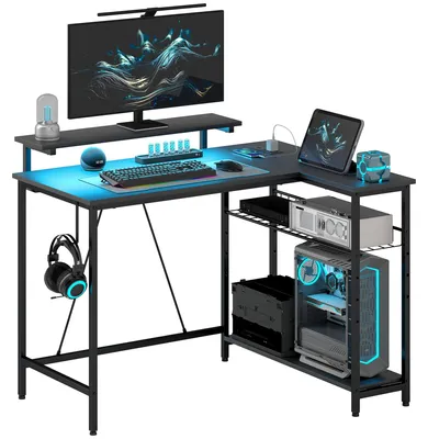 Produktbild von Schreibtisch L Form mit LED, Steckdosen, USB, Umkehrbar Computertisch mit Regal, 107 x 80 x 90 cm, Schwarz