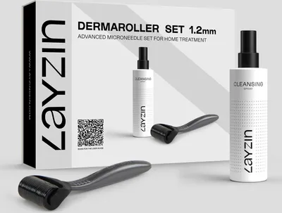 Immagine prodotto di Set Layzin Dermaroller per il dermarolling a casa | per viso e corpo | Set composto da impugnatura Dermaroller con rullino da 1,2 mm e spray detergente