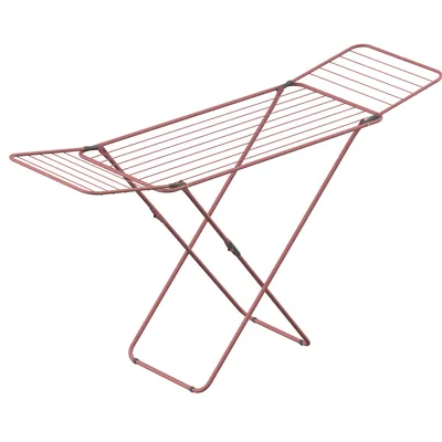 A pink drying rack is shown against a white background.