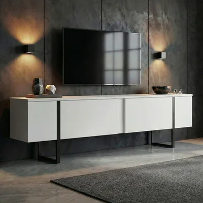 Produktbild von Skye Decor, Hochwertiger TV-Ständer, 180 x 45 x 30 cm, 100% melaminbeschichtete Spanplatte, 18 mm dick, Weiß und Schwarz, Modernes Design für Ihr Zuhause, Elegant und Funktional.