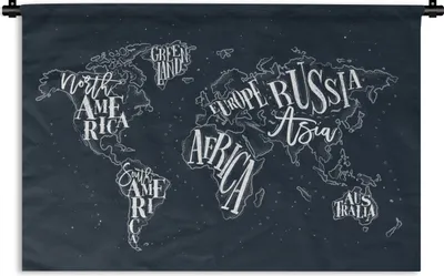 Produktbild von MuchoWow® Wandteppich Wandbehang Weltkarte - Schwarz - Weiß - Buchstaben 90x60 cm Tapisserie Dekoration Wandtuch - Wandskulpturen - Bildteppich
