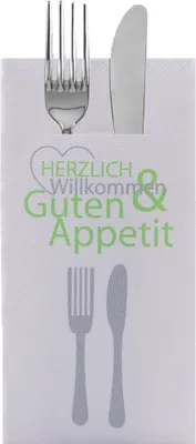 Produktbild von Sovie HORECA Besteckserviette Herzlich Willkommen in Grün aus Tissue Deluxe®, 4-lagig, 1/8 Falz, 40 x 40 cm, 75 Stück