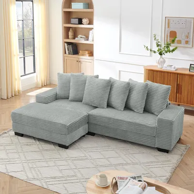 Image de OKWISH Canapé d’Angle Modulable 4 Places avec 6 Coussins - Assise Rembourrée en Mousse, Structure Bois et Acier - Velours Côtelé, Gris