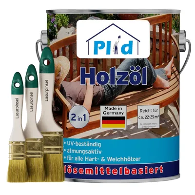 Produktbild von Plid Holzöl 2,5L Teak für ca. 25m² + Pinselset 3-tlg– Holzschutz & Pflegeöl, Imprägnierung für Gartenmöbel, Terrassen, Zäune & Außenbereich