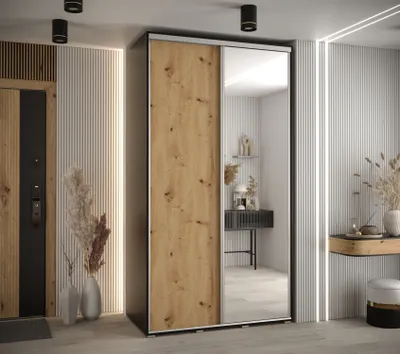 Produktbild von Kleiderschrank ASIRI 3 - 130/60 cm, Schwarz / Artisan-Eiche / Silber