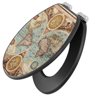Zdjęcie produktu dla Pokrywa toaletowa banjado Design, antracytowa, z automatycznym opuszczaniem, wykonana z MDF - historyczna mapa świata - wysokiej jakości pokrywa toaletowa/siedzisko toaletowe z uniwersalnymi zawiasami, pasująca do większości standardowych toalet [TDA 10550]