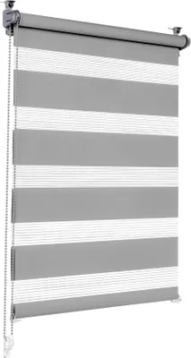 A close-up, studio shot of a grey and white striped roller blind hanging vertically.