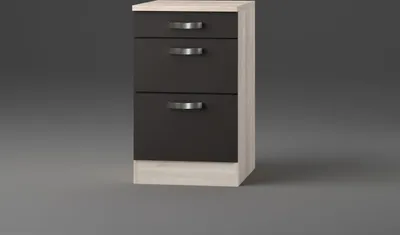 A three-drawer cabinet with a wood-effect top and base, and dark gray drawer fronts with silver handles, set against a plain gray background.