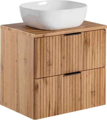 Produktbild von Badmöbel Waschtisch Set Unterschrank Wotaneiche gerillt, 42cm Keramik-Waschbecken, 2 Softclose-Schubkästen, B/H/T 60,6/73,7/46,5 cm