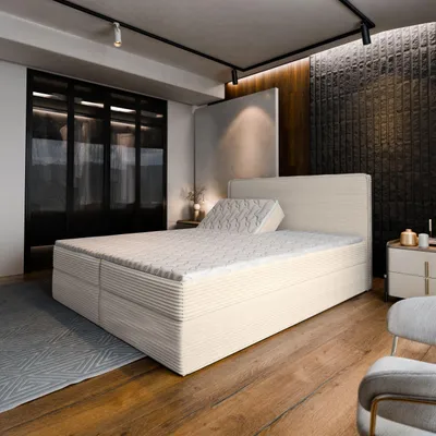 A bedroom scene featuring a bed, nightstand, and closet.