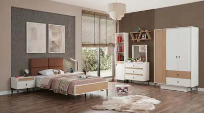 Image de Chambre de jeunesse moderne blanche : lit, armoire, commode, tables de chevet, étagère