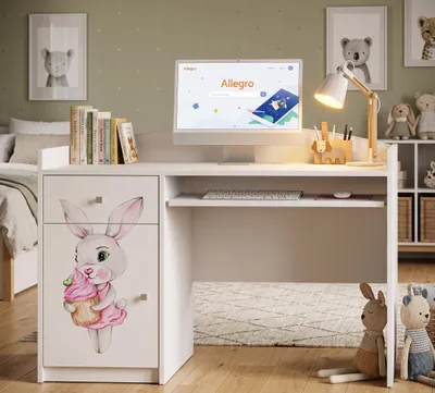 Immagine prodotto di Scrivania bianca per bambini "Happy B04" | Scrivania per PC con ripiano estraibile | Postazione di studio moderna per i compiti e la didattica a distanza, conile