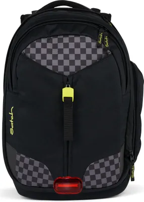 A black backpack with a checkered pattern and yellow accents.