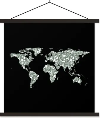Produktbild von MuchoWow® Textilposter Weltkarte - Pflanzen - Schwarz 90x90 cm mit schwarzem Rahmen - Magnetisches