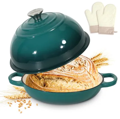 Obrázek produktu pro 22 cm smaltovaná litinová pánev na pečení chleba, litinová nádoba na chléb s víkem (tmavě modrá, včetně rukavic do trouby)
