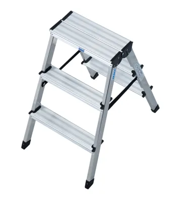 A silver and black stepladder with three steps is shown against a white background.