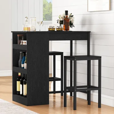 Produktbild von BALCONERA Bartisch-Set mit 2 Barhockern Schwarz, 3-teiliger Esstisch mit 3 Ablagen, Metallrahmen an Hockern, Essgruppe 91 x 50 x 90 cm