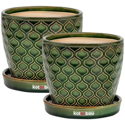 Produktbild von KOTARBAU® 2er Set Keramik Blumentopf Übertopf für Pflanzen ⌀ 15 cm Grün Vintage mit Tropfschale Fischschuppenmuster