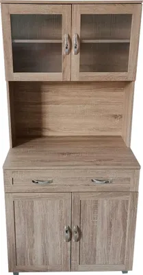 A kitchen buffet with glass doors on the top cabinet and wooden doors on the bottom cabinet.
