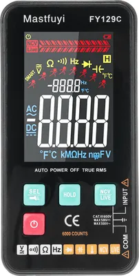 Zdjęcie produktu dla MASTFUYI FY129C Multimetr cyfrowy, 5999 zliczeń, pomiar napięcia AC/DC, rezystancji, częstotliwości, ciągłości, testowanie przewodów pod napięciem, NCV