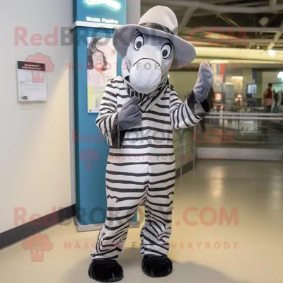 Produktbild von Grauer REDBROKOLY Zebra Maskottchen Kostüm charakter bekleidet mit Mantel und Hutnadeln