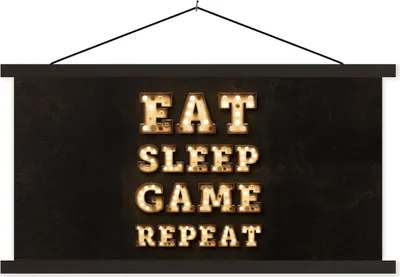 Produktbild von MuchoWow® Textilposter Spiele - Spiele - Zitate - Sprichwörter - Eat sleep game repeat 120x60 cm mit schwarzem Rahmen - Dekoration Schlafzimmer