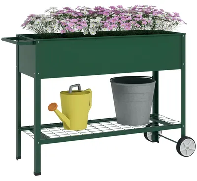Produktbild von Hochbeet mit Rollen Metall Ablage seitlicher Griff Drainagelöcher Grün 109 x 44 x 80 cm 50 kg Belastbarkeit