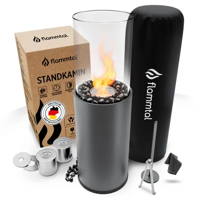Produktbild von Flammtal Bioethanol Kamin [8h Brenndauer / 80x26x26 cm] – Freistehender Ethanol Standkamin für Out– & Indoor – Ethanol Kamin mit verstellbarer Flamme