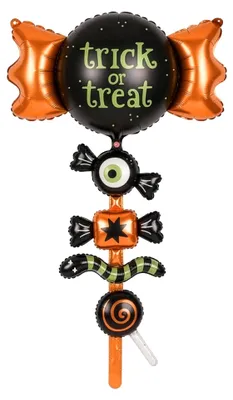 Halloween Folienballon in Bonbonform mit Trick or Treat Schriftzug und hängenden Kürbis und Süßigkeiten Motiven.