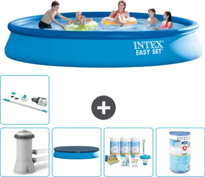 Produktbild von Intex runder aufblasbarer Easy Set-Schwimmpool – 457 x 84 cm – Blau – inklusive Pumpe Abdeckung - Wartungspaket - Filter - Staubsauger