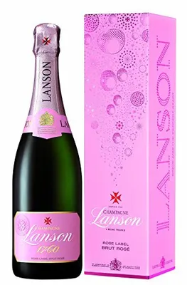 A bottle of Lanson Rosé Label Brut Champagne and its gift box are displayed against a white background.
