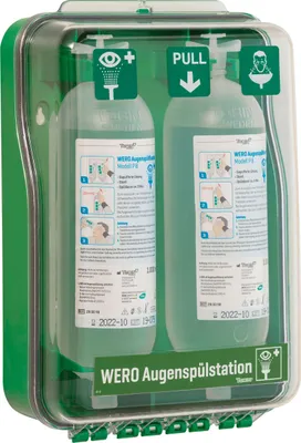 Produktbild von WERO Augenspülstation DustProof, gefüllt mit 2 WERO Augenspülflaschen P8 1000 ml