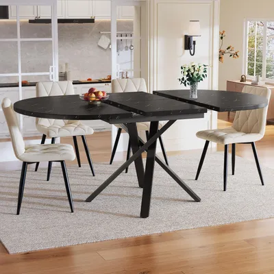 Produktbild von Flieks 5-teilige Esstisch-Garnitur mit rundem Ausziehtisch und 4 Velours-Stühlen, für 4-6 Personen mit praktischer Ausziehfunktion, Beige+Schwarz
