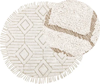 Produktbild von BELIANI Teppich Hellbeige Baumwolle Rund ⌀ 140 cm mit Fransen Getuftet Modern Boho Kurzhaar Kurzflor Bettvorleger Läufer für Fußbodenheizung
