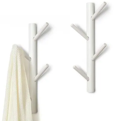 Zdjęcie produktu dla Wieszak ścienny Unyqoos® wykonany z litego drewna sosnowego, 8 haczyków, zestaw 2 sztuk, kolor biały, wymiary 44 cm, średnica 3,3 cm – idealny do przedpokoju, łazienki lub sypialni
