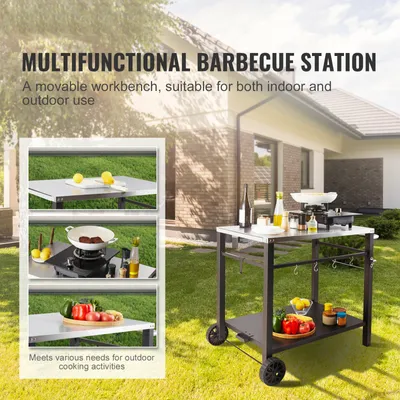 Produktbild von Servierwagen Küchenwagen 100 x 64 x 83,5 cm Outdoor-Grill-Esswagen mit Doppelter Ablage, Beweglicher Grilltisch für die Zubereitung von Speisen, Multifunktionale Tischplatte aus Edelstahl