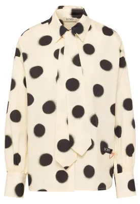 Produktbild von Beige Bluse Größe 46 mit gepunktetem Design, Hemdkragen und Bindeschleife