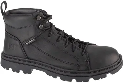 A black Caterpillar work boot is shown against a white background.