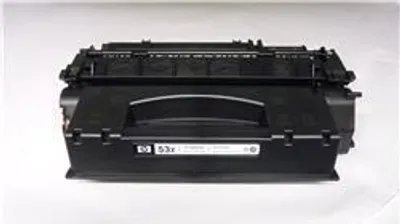 A black HP toner cartridge is shown against a white background.