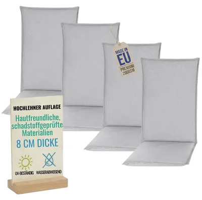 Produktbild von Pillows24 - 4x Hochlehner Auflagen 120x50x8 cm | Bequeme & Wetterfeste Gartenstuhlauflagen | Polster Sitzkissen für  Gartenmöbel |   EU | Grau