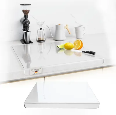 Produktbild von Schneidebrett aus Acryl, Glasschneidebrett, transparentes Küchenbrett, Küchenschneidebrett mit Arbeitsplattenschutz und erhöhtem Rand, rutschfestes Schneidebrett für die Küchenarbeitsplatte (transparent, 60 x 40 cm)