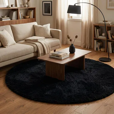 Produktbild von Fluffy Hochflor Shaggy Teppich Schwarz Rund, Größe:120 cm Rund
